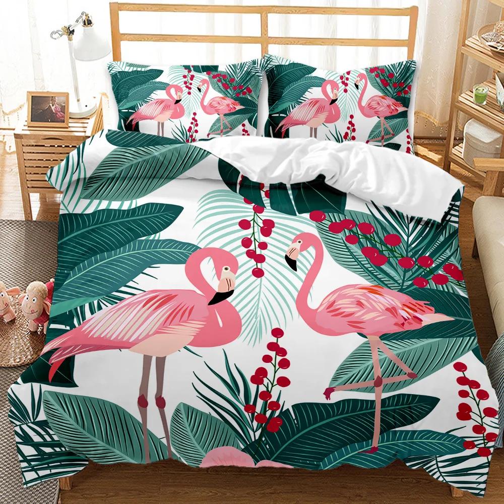 Flamingo Duvet Cover Couple Flamingo Palm Leaf Twin Bedding Set Tropical Botanical Leaves Summer King Size Polyester Quilt Cover