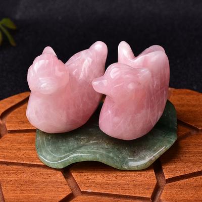 1 juego de figuritas de pato mandarín de cuarzo rosa con cristal natural tallado, símbolo de amante, hoja de loto, adornos decorativos para el hogar.