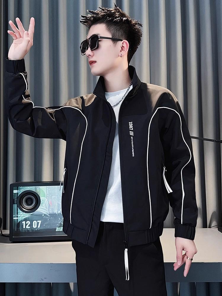 Men's Trendy Embroidered Stand Collar Jacket - Korean Style Casual Spring/Autumn Coat