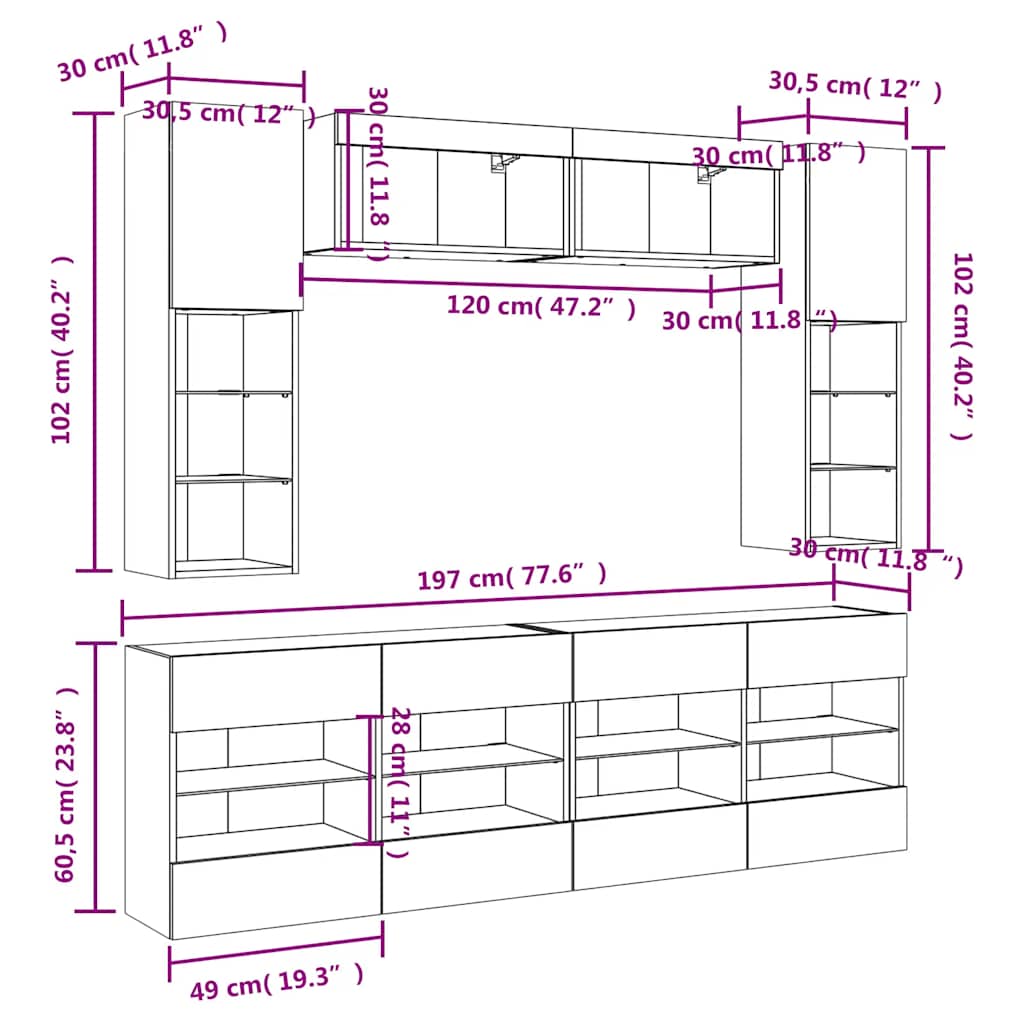6 Piece TV Wall Unit with LED Lighting Concrete Grey