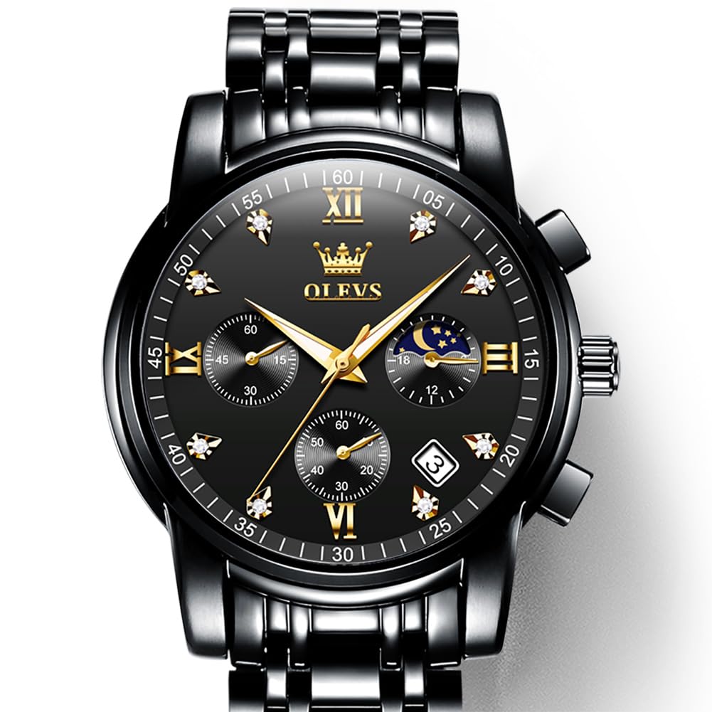OLEVS Watch with Moon Date Quartz Stainless Simple and Luminous Black Men's Phase, Timer, Display, Movement, Waterproof, Steel, Fashionable, Design,