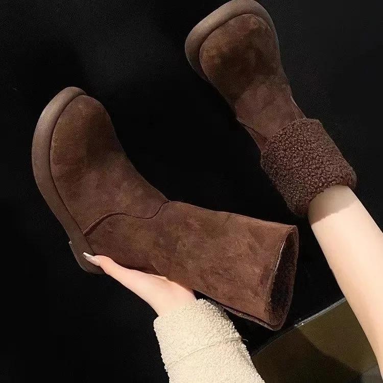 

Fashion Warm Fleece Lined Pure Leather Flat Heel Mid-Calf Snow Boots Women s Winter Booties Comfortable Rubber Sole Round Toe Booties 40 коричневый
