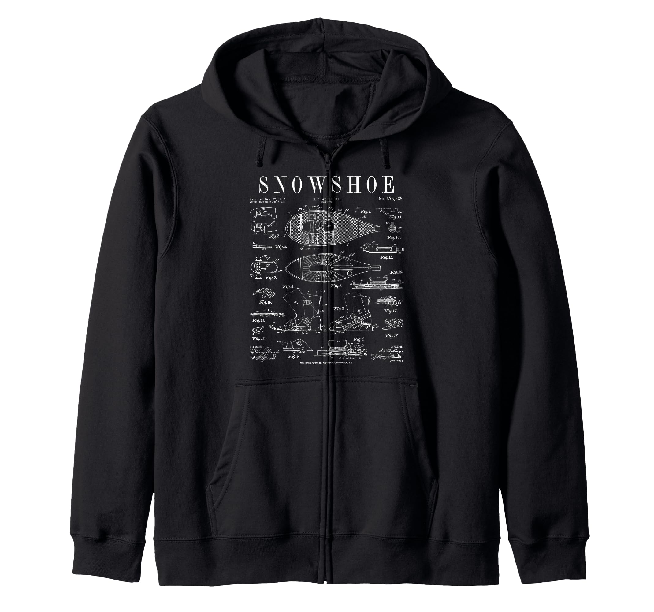 Snowshoe winter hiking vintage patent print zip hoodie