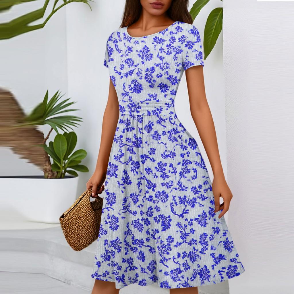 Women's Casual Fashion Round Neck Pleated Short Sleeve Floral Print A-Line Midi Dress