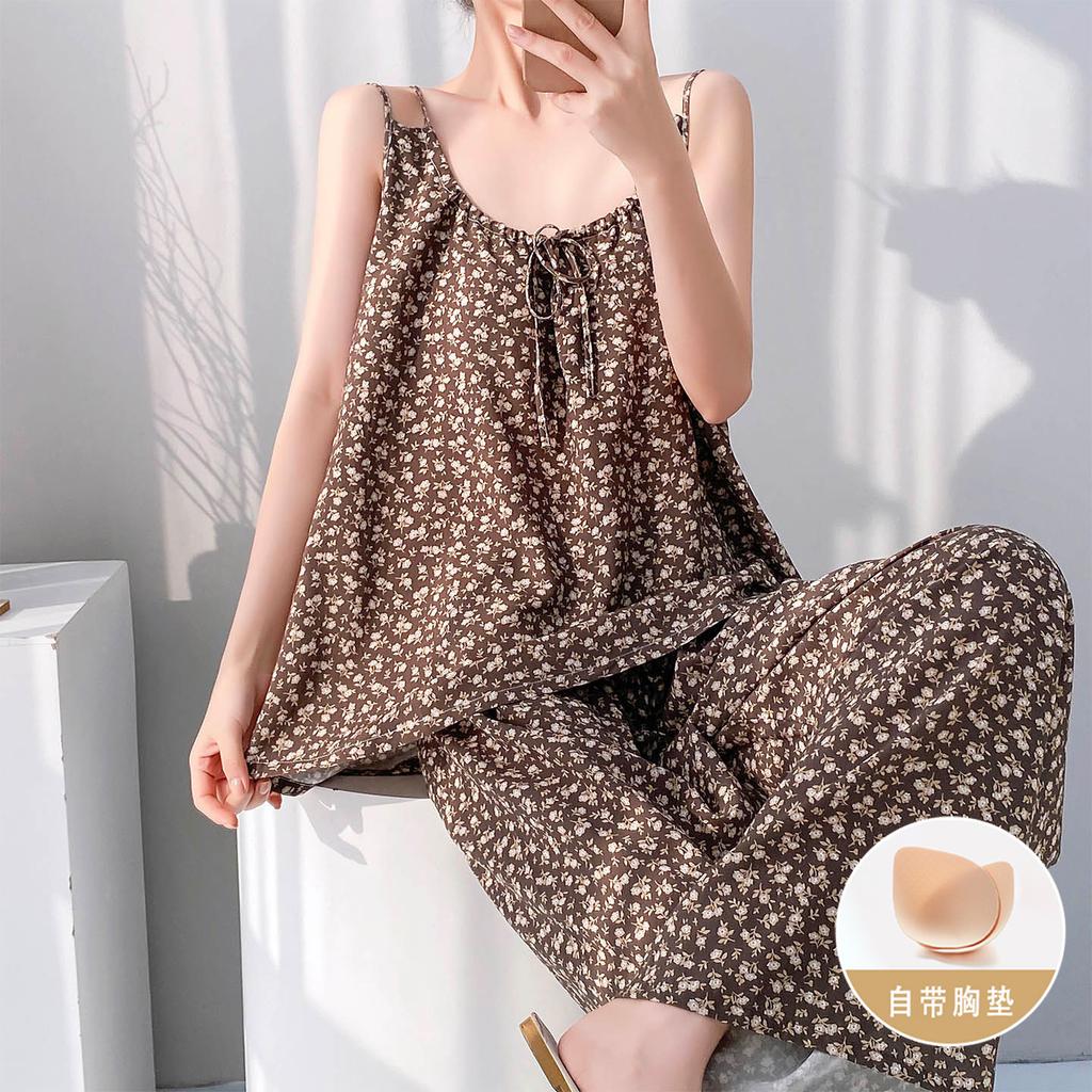 Cotton silk suspender trousers pajamas two-piece set with chest pad book artificial cotton women's suit summer solid color loungewear