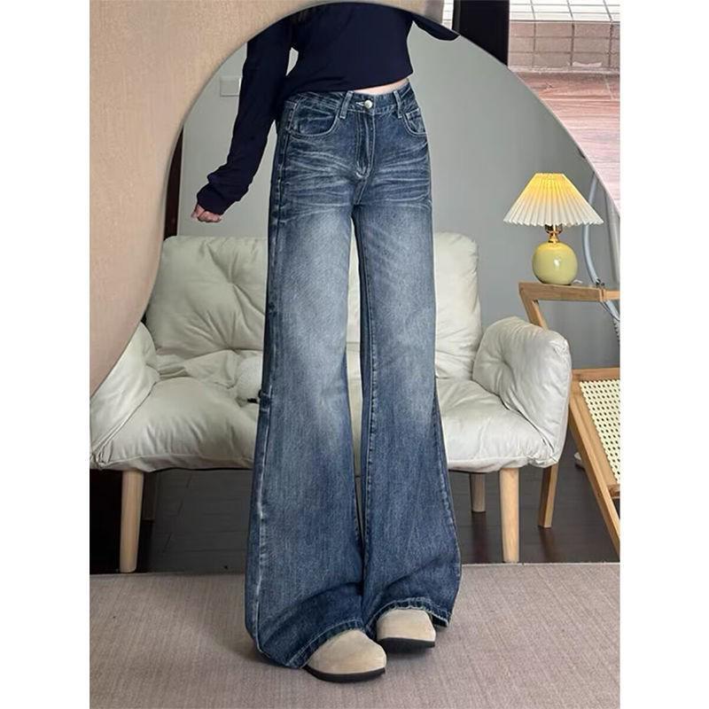 Women's Washed Retro Flare Jeans, Plus Size, High Waist, Floor-Length, Slimming, Versatile, Loose Straight-Leg Pants