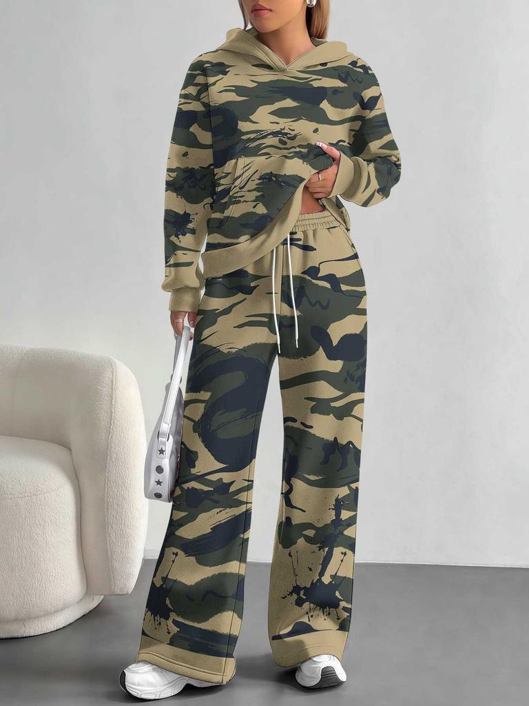 Outdoor Camouflage Style European and American Autumn/winter Casual Long-sleeve Set, Women's Hooded Sweatshirt and Long Pants Two-piece Set