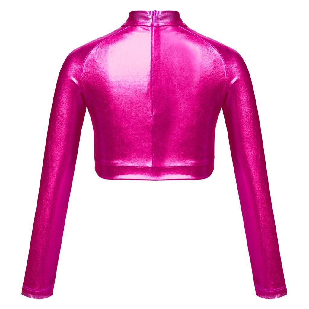 Kids Girls High Neck Glitter Crop Top Metallic Long Sleeve T-Shirt Ballet Dance Leotard Gymnastics Performance