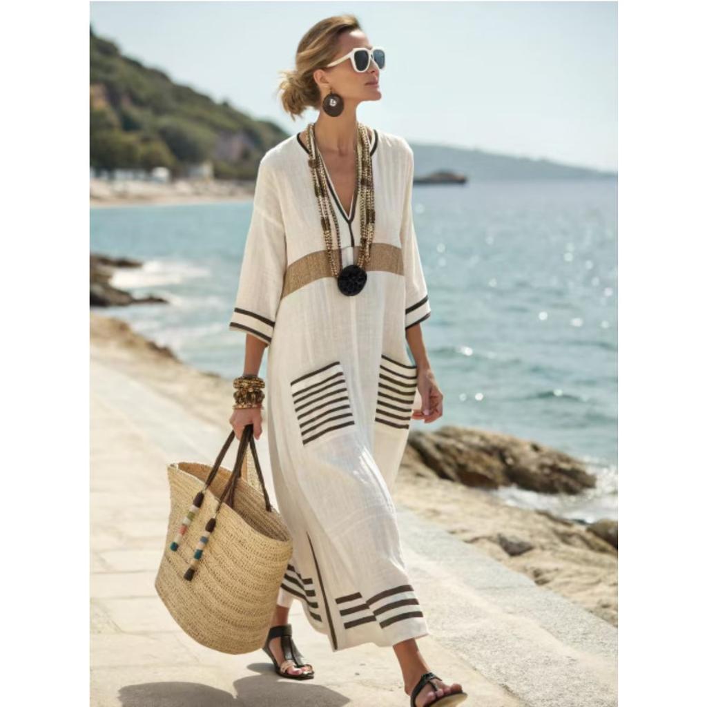 Damen V-Ausschnitt 3/4 Ärmel Gestreift Leinenmischung Maxikleid Lässig Locker Strandkleid mit Taschen