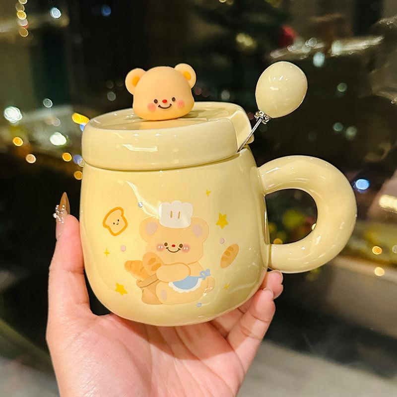 Cartoon Butter Bear Ceramic Mug with Lid Spoon Cute Home Coffee Cup Breakfast Milk Cup Souvenir 340ml