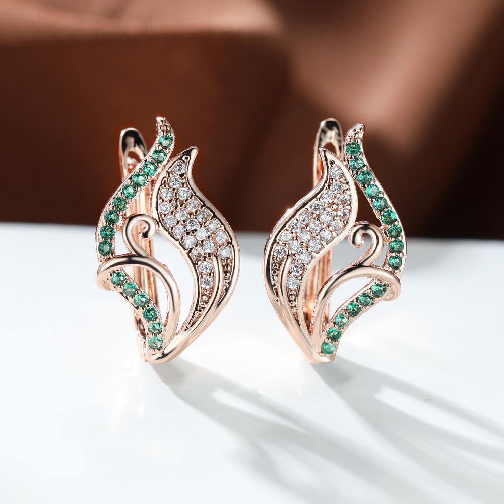 

1 пара сережок з квітами з рожевого золота, білі, чорні камені, квіткові сережки, висячі сережки-гачки, ювелірні вироби зелений