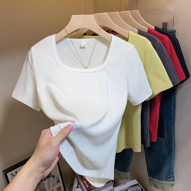 Plus Size French Style Square Neck Women's T-shirt - Tummy Concealing, Slimming Summer Short Sleeve Top