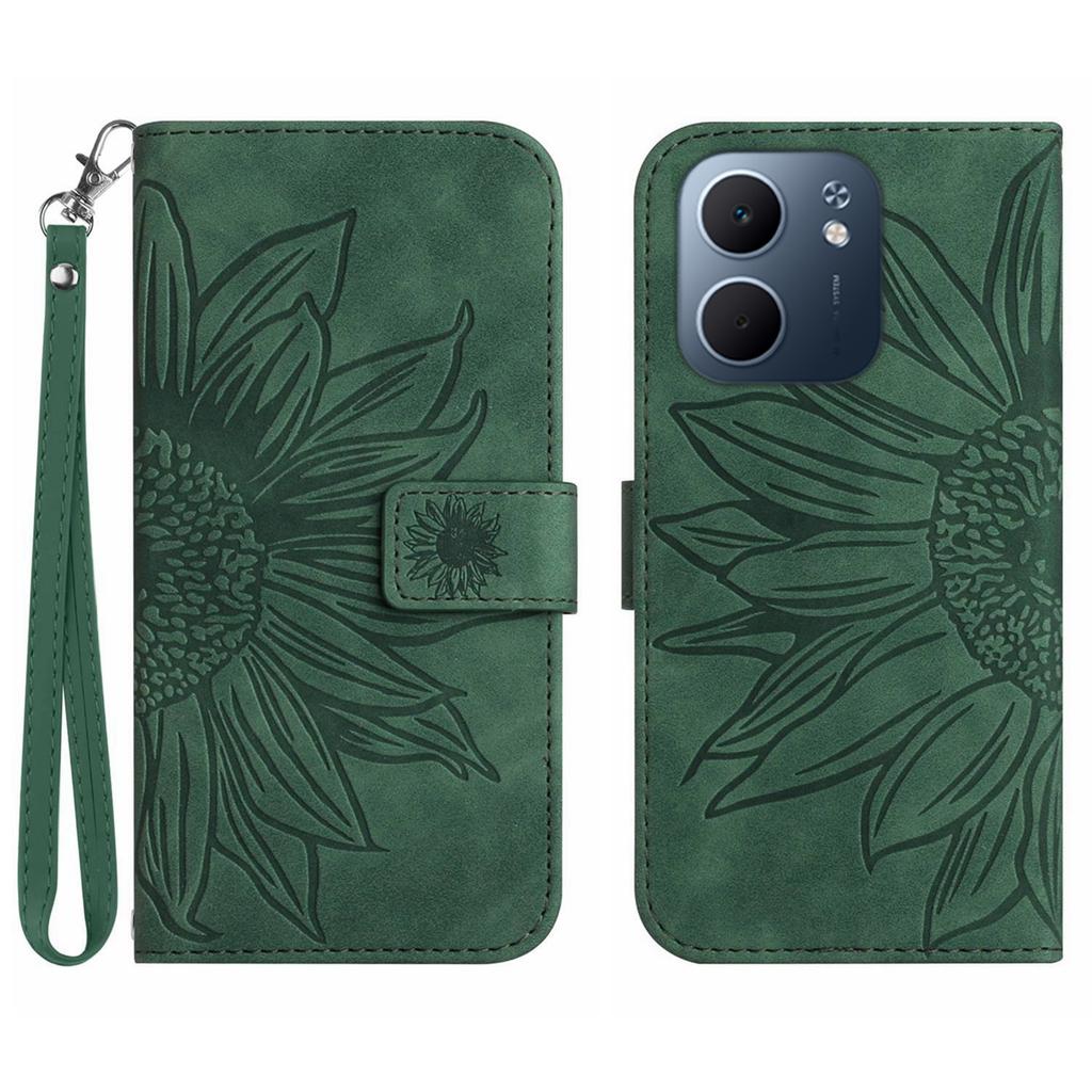 For Oppo A5x 5G/4G Case Sunflower Imprint Leather Wallet Phone Cover with Wrist Strap