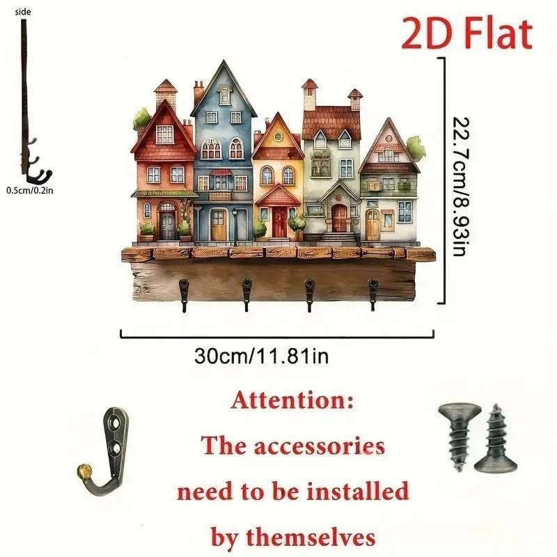 2D Plan, 1 2D Plan, A Cute Villa Wooden Multifunctional Home Keychain with Four Metal Hooks - Wall Decoration, Porch Decoration, Room Decoration