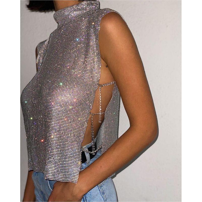 Amazon Cross-Border New Product Metal Vest Full of Rhinestones High-Neck Top Christmas Hot Girl Party Rhinestone Vest Top