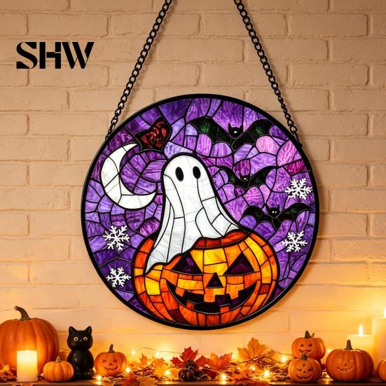 Unique Wall Hanging Art Retro Halloween Pendant, Ghost/Bat/Spider Web/Pumpkin Head Print, Old School Horror Room Decor Vintage Acrylic Ornament