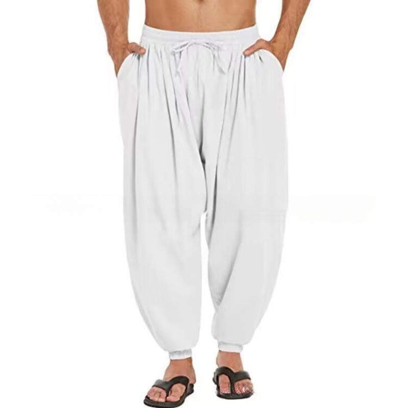 Solid Color Cotton-Linen Drawstring Pocket Elastic Men S Casual Pants M белый