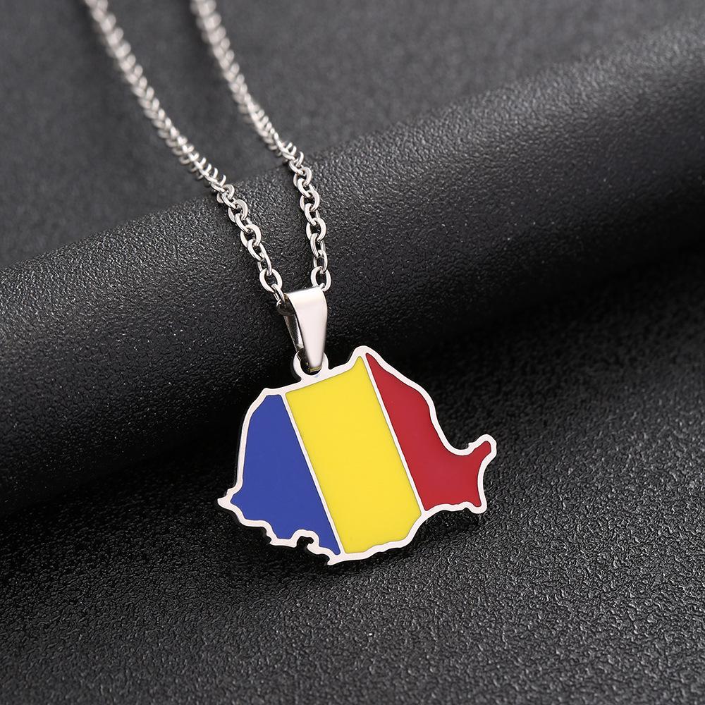 Romania Map Ethnic Style Stainless Steel Necklace for Men & Women - Trendy Titanium Drip Oil Pendant