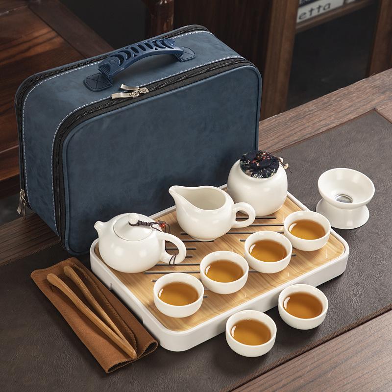 Travel ceramic Kung Fu tea set, tea tray, a full set of portable storage bags, practical business gifts for customers