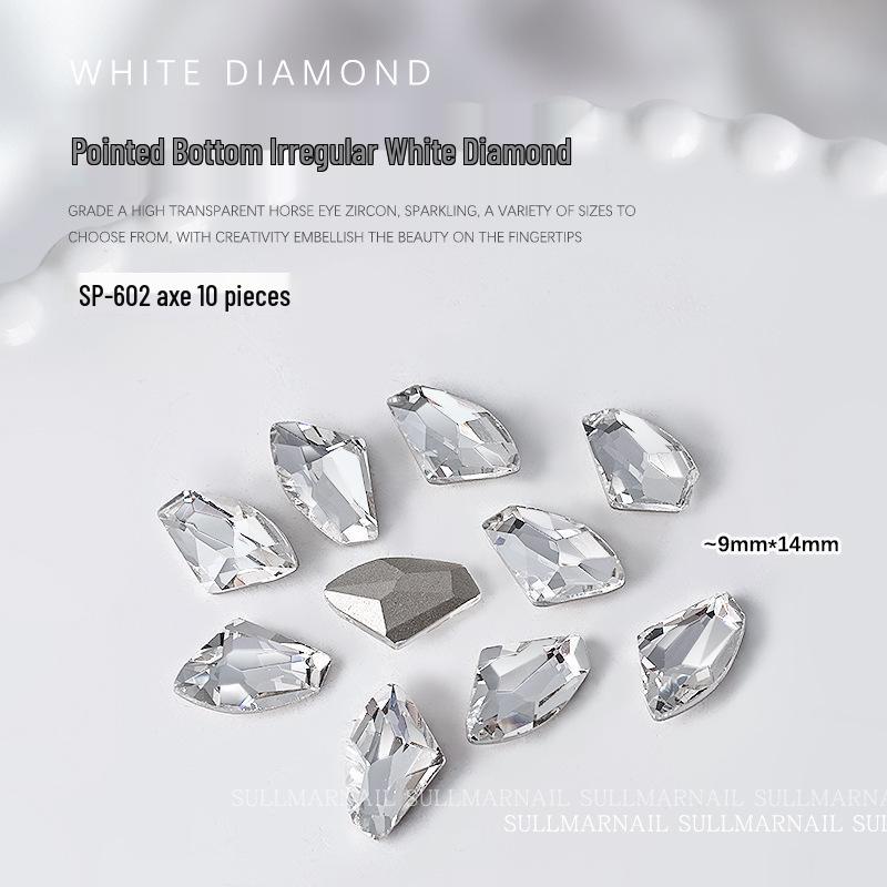 Nail Art Rhinestones Set: Heart, Crooked Heart, White Diamond, Peach Heart, Square, and Transparent Shapes (10 Pieces)