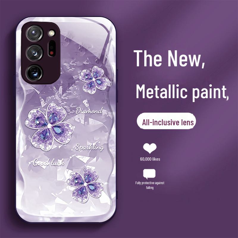 

Чехол Samsung A04/A10/A10 Plus/A12 Liquid Glass с позолоченным дизайном в виде четырехлистного клевера, защитой от падений и комплектной крышкой объектива A13 4G фиолетовый