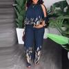 2026 Women's Round Neck Raglan Sleeve Beaded Print Long Pants Set Plus Size, European & American Style