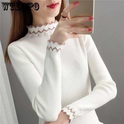 Half High Neck Knitted Sweater with Base Women's Autumn and Winter Long Sleeved Top Lace Lace White Sweater