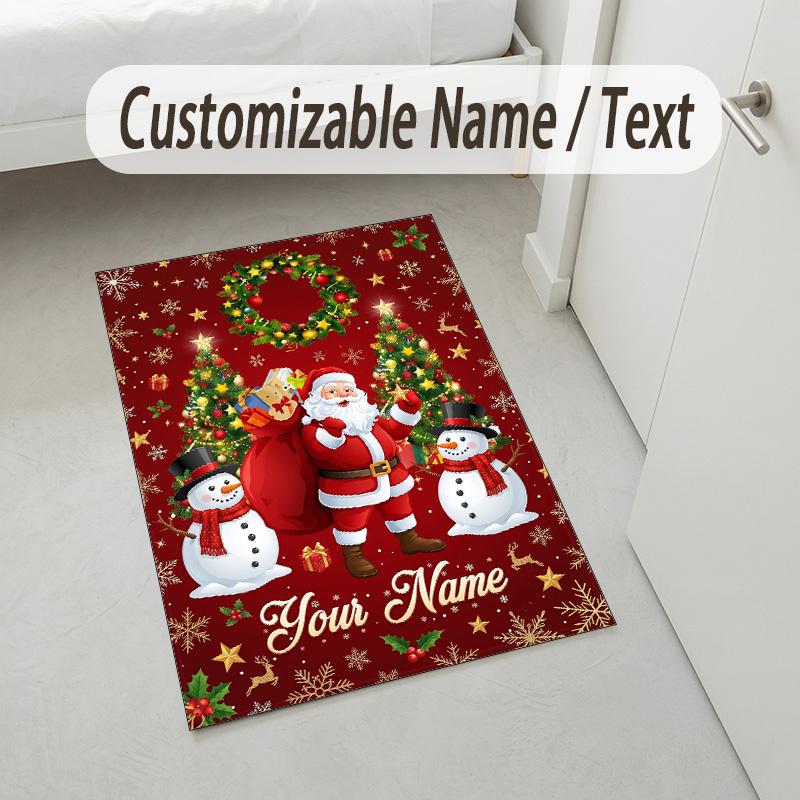 Christmas Theme Crystal Velvet Rug Personalized Custom Name Text Soft Floor Mat Home Decor