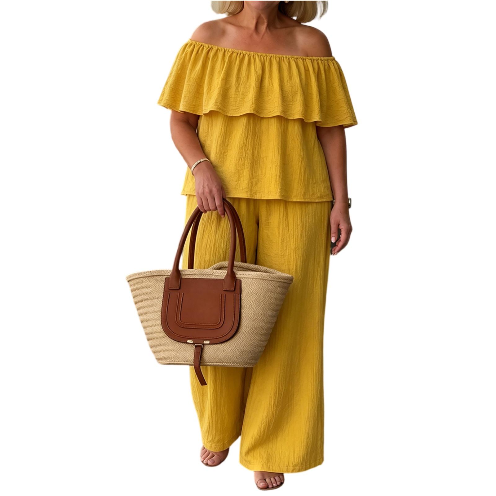 

Women Off Shoulder Ruffle Top Two Piece Set Loose Fit Wide Leg Pants Casual Summer Outfit Vacation Beachwear M