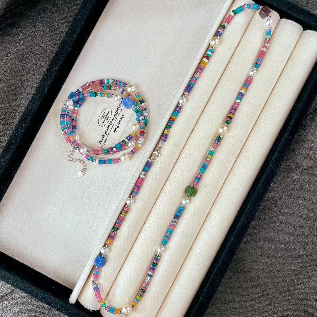 

Vintage High Quality Candy Color Quartzite Stacked Beads Artificial Crystal Clavicle Chain Necklace