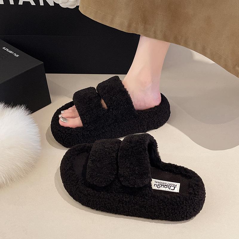 Thick-bottomed fluffy slippers for women's outer wear, one-word velvet to keep warm and increase height, autumn and winter 2025 new mink wool cotton s