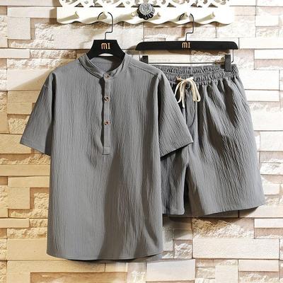 A Cotton Linen Quick-drying Casual Suit for Men's Summer Thin and Trendy Retro Linen Sportswear Short-sleeved Shirt Shorts Set