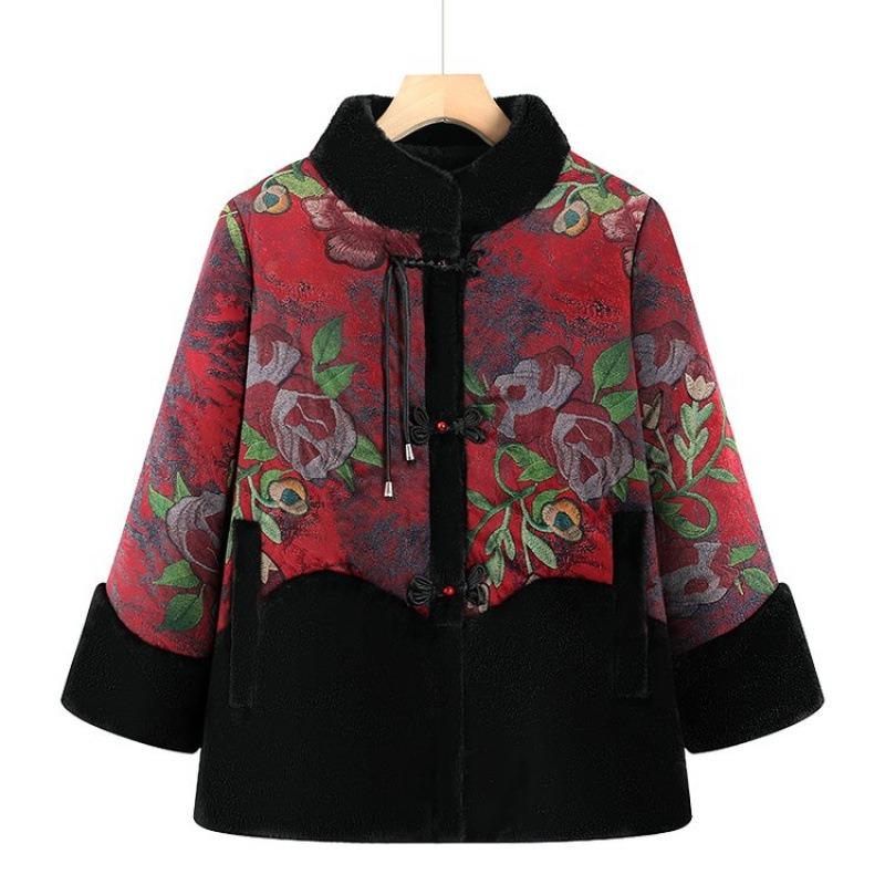 Grandma winter padded jacket with velvet to keep warm old lady Tang coat thick elderly winter clothes
