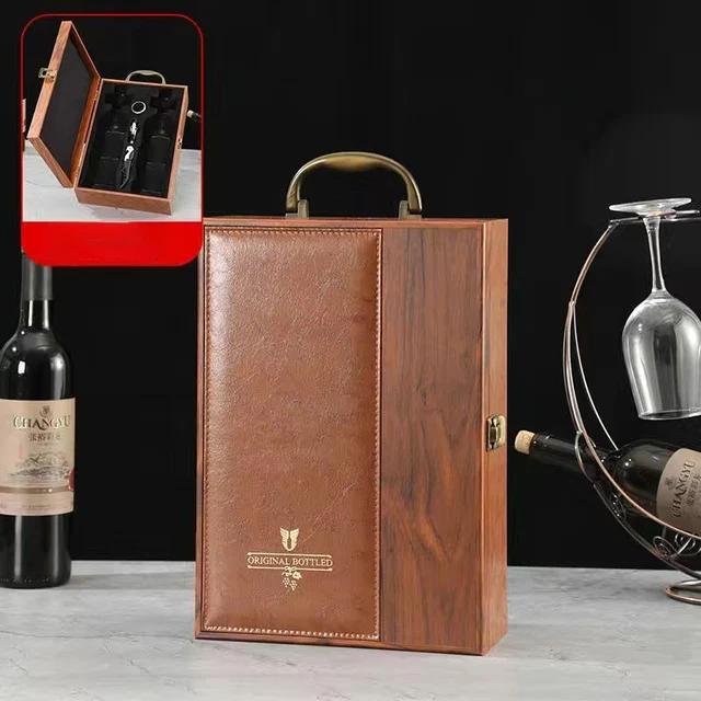 Luxury Double Leather Box Wine Bottle Wooden Organizer Wood Holder for Red Champagne with Cocktail Set