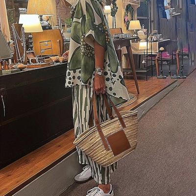 Women's Floral Print Loose Two-Piece Set Lapel Short Sleeve Top Wide