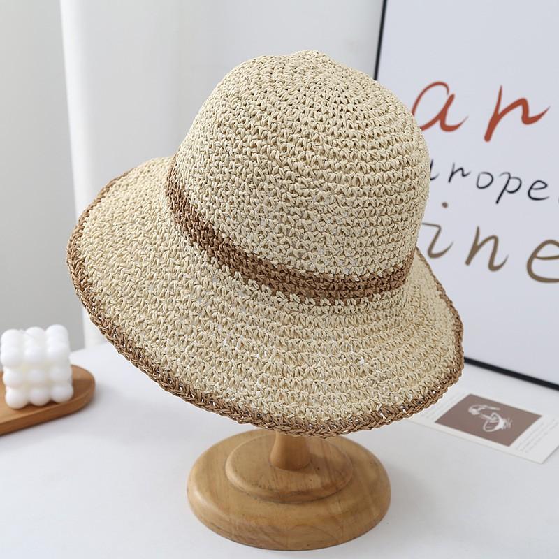 Womens Wide Brim Straw Hat Beach Vacation Sun Protection Natural Style Floppy Two-Tone Straw Hat - Beige