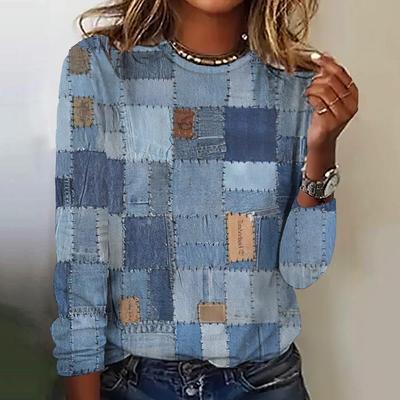 Fake Cowboys Splicing Print Langarm T-Shirts 2024 Mode Damen T-Shirt Oberteile Herbst Trend Baumwolle Damenbekleidung Pullover