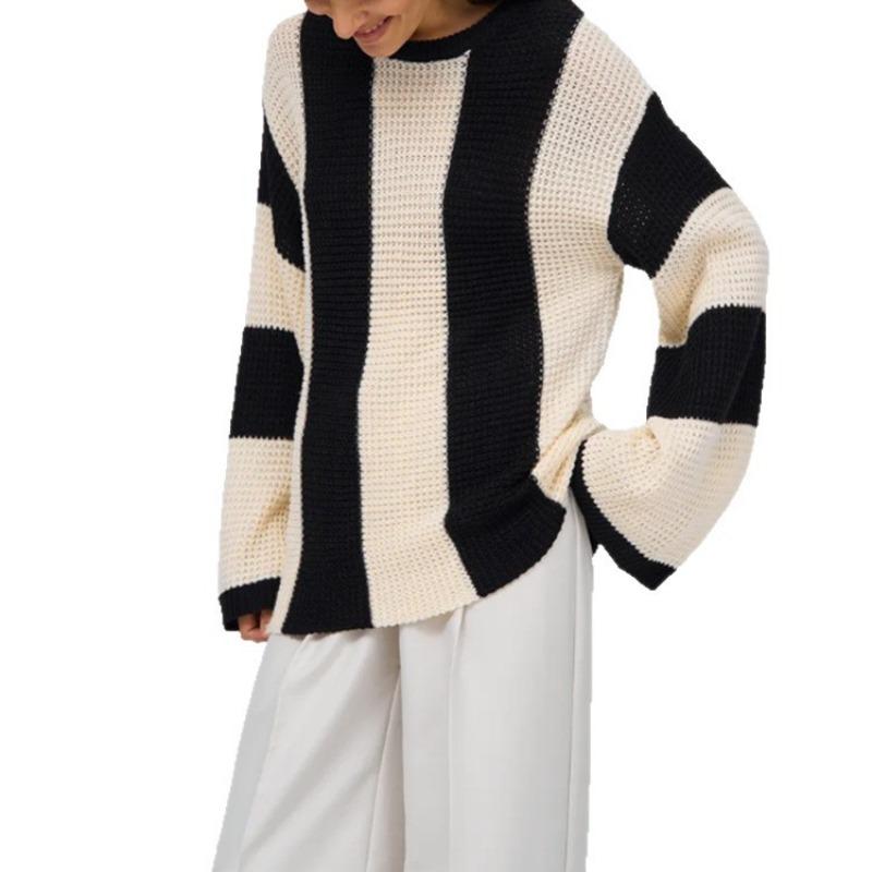 Crew Neck Striped Women's Long Sleeve Autumn Bottom Shirt Top Sweater Contrast Color Simple Wind Knitted Sweater Women's Loose