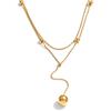 Yhpup Stainless Steel Double-Layer Chain Long Round Ball Drop Necklace Individualistic Casual Simple High Quality Neck Jewelry