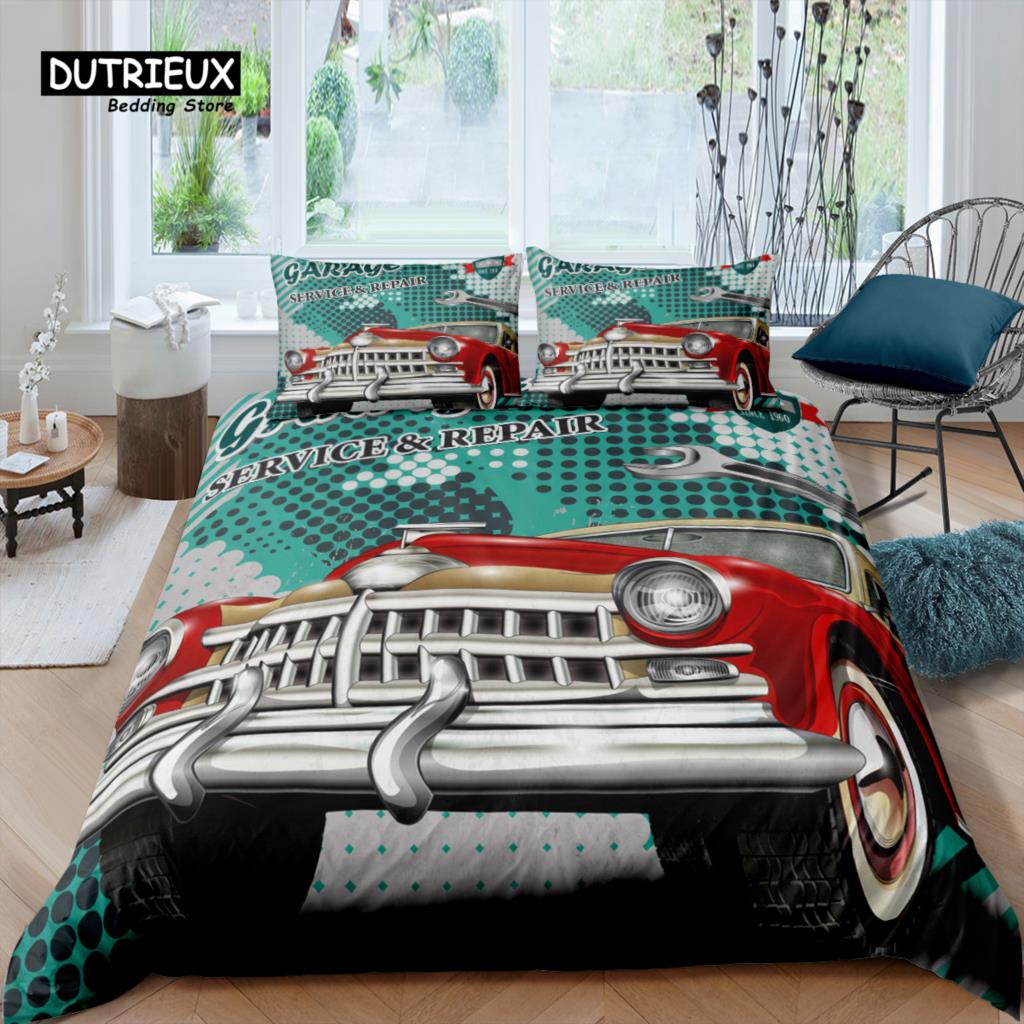 Hjem Living Luksus 3D Motel 66 Sengetøy Barn Dynetrekk Putetrekk Retro Bil Sengetøy Queen og King EU/US/AU/UK Størrelse