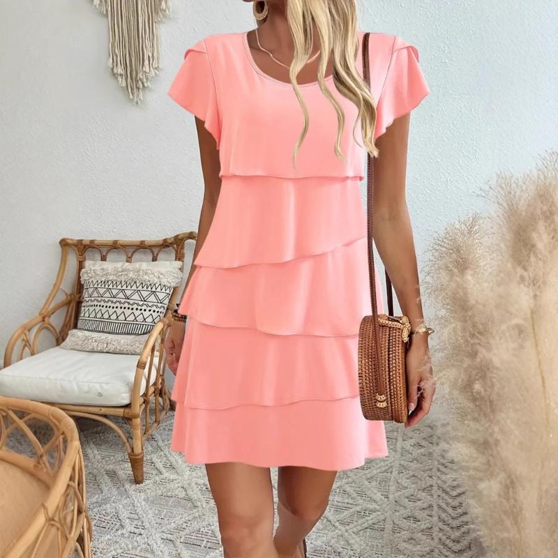 Women's Short Sleeve Crew Neck Ruffle Tiered Layered Flowys Swing Long Midi Dress Summer Dresses Casual Loose Dresses