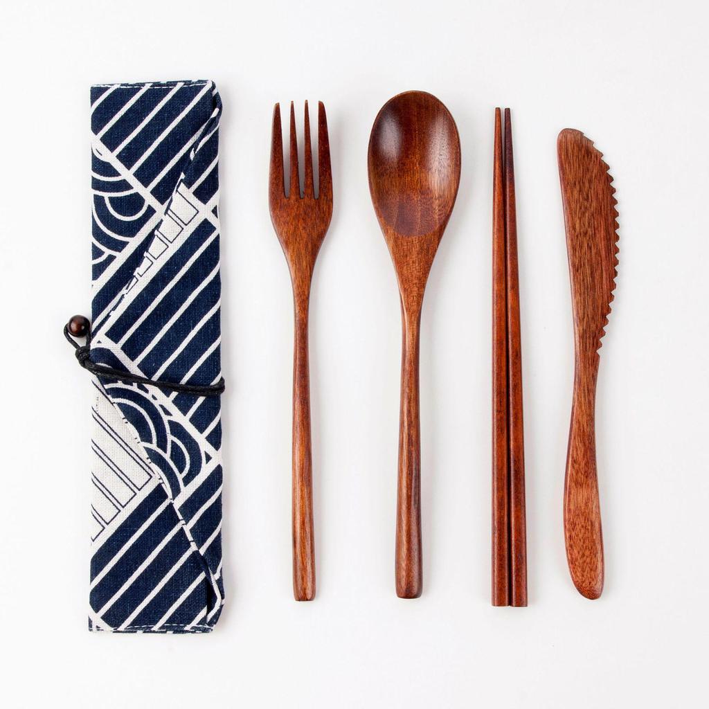 Japanese Wooden Portable Tableware Set: Long-Handled Spoon, Fork, and Chopsticks - Korean Style Three-Piece Set for Outdoor Use.