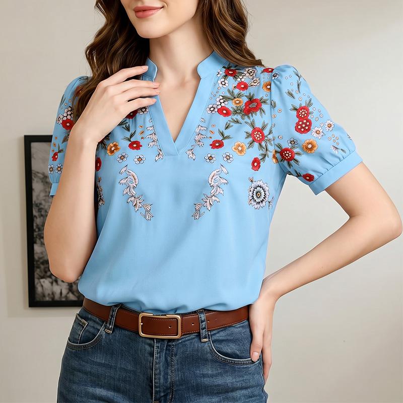 ZANZEA Women Casual V-neck Floral Print Short Sleeve Blouse