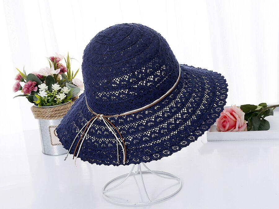 Summer Foldable Cotton Beach Bow Sun Hats For Women Fashion Floppy Elegant Beach Visor Hat Ladies Lace Hollow Straw Hat