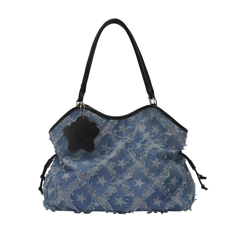 Women Denim Star Tote Bag, Large Capacity Casual Shoulder Bag Y2K Style Vintage Handbag for School, Daily & Travel With Star Pendant