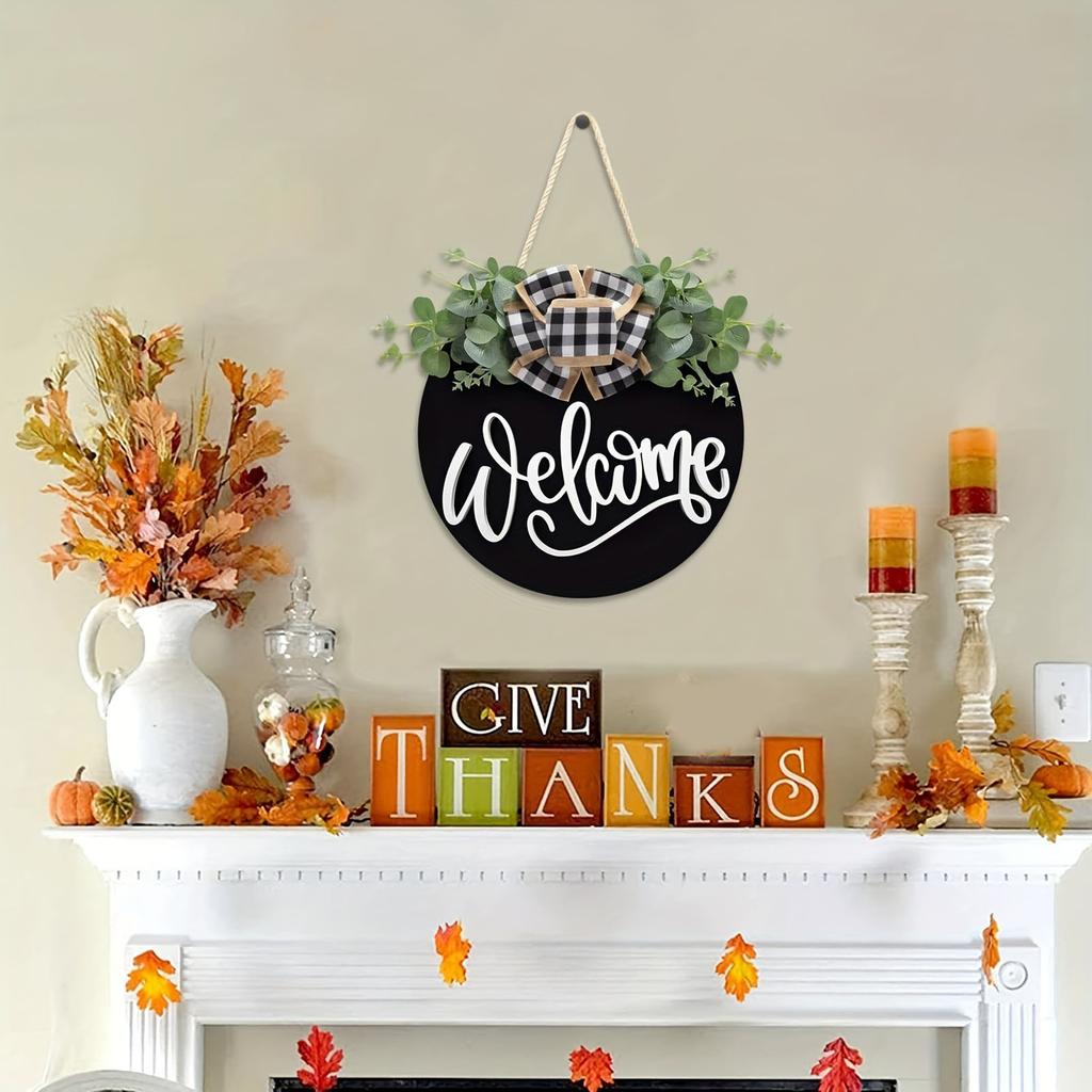 Welcome Door Sign Black Color Wreath Round Shape Hanging Welcome Doorplate for Home