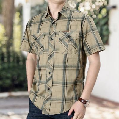 Camisa Masculina Xadrez com Bolsos de Verão de Botão Único com Gola Reversível para o Escritório