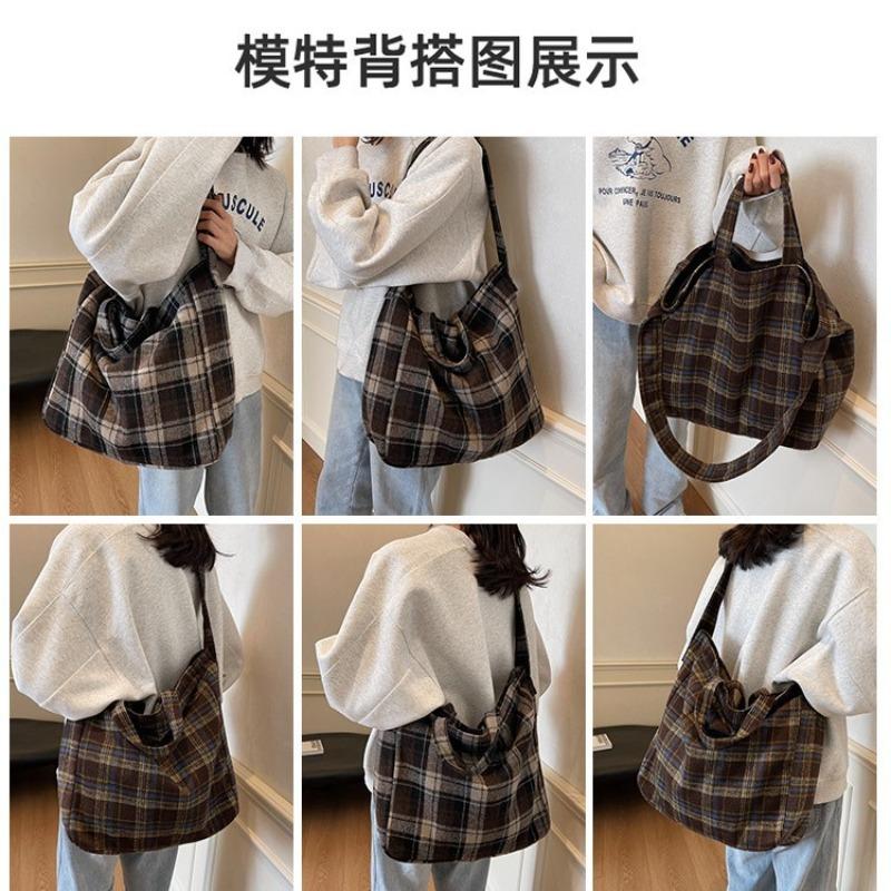 New autumn and winter woolen plaid tote bag women's leisure large-capacity college style shoulder bag underarm bag