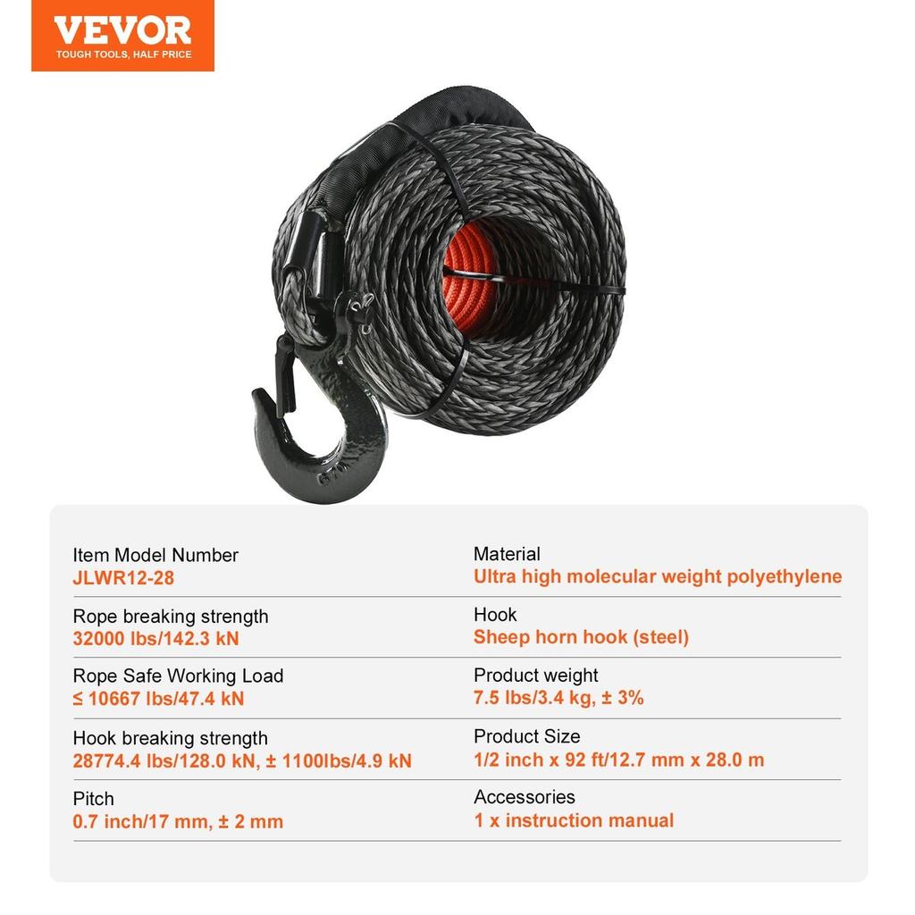 Synthetic Winch Rope, 1/2 Inch X 92 Feet 32,000 Lbs Synthetic Winch Line Cable Rope with Protective Sleeve + Forged Winch Hook + Pull Strap, Universal