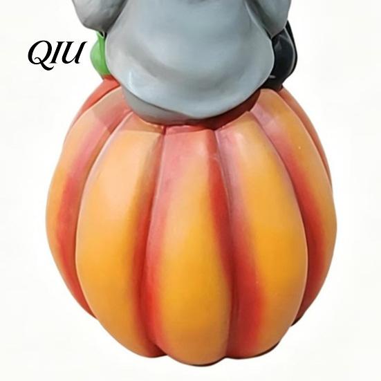 Holiday Gift for Her Halloween Gnome Outdoor Garden Statue, Resin On Pumpkin Figurine with Ornaments Black Cat, Fall Autumn Dwarf Sculpture Porch Yard